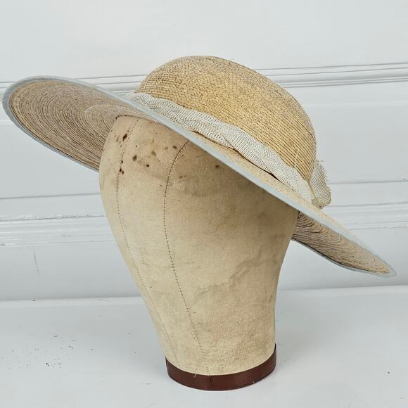 VTG fine woven ladies straw hat vented crown fabric floral trim - Picture 4 of 10